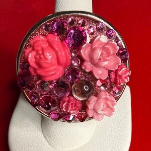 Tarina Tarantino Pink Rose Carved Lucite Statement Ring Adjustable Silver